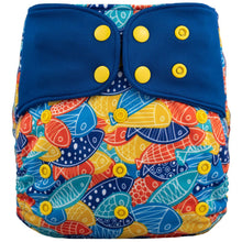 Load image into Gallery viewer, Lichtbaby pocket, Colourful Fish. Includes 1 bamboo terry insert