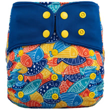 Load image into Gallery viewer, Lichtbaby pocket, Colourful Fish. Includes 1 bamboo terry insert
